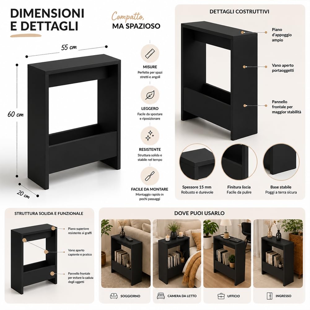 HOCUS PICUS Beistelltisch mit integriertem Magazinhalter| kompakter Beistelltisch für Wohnzimmer und Büro| platzsparender End Table für kleine Räume| Magazinaufbewahrung| 20 x 55 x 60 cm (Schwarz)