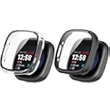 Screen Protector Compatible for Fitbit Versa 4/Sense 2 Watch Case, Tempered Glass Ultra-Thin Full-Coverage Shockproof Bumper (Black+Clear)