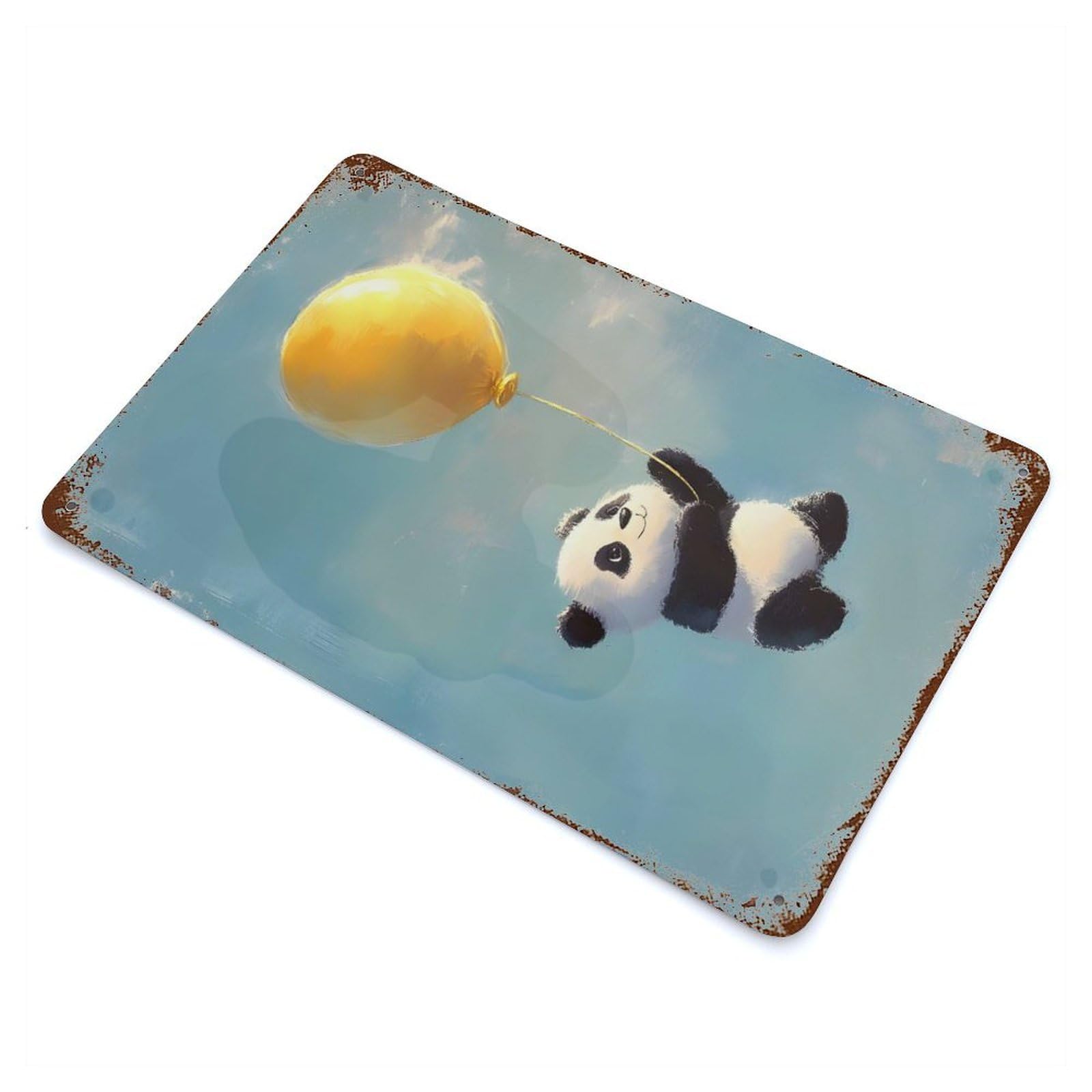 Panda Bear with Yellow Balloon Vintage Wall Sign 11.8"x7.9", Rust Effect Metal Decor for Bistro, Counter And Cafe Decor