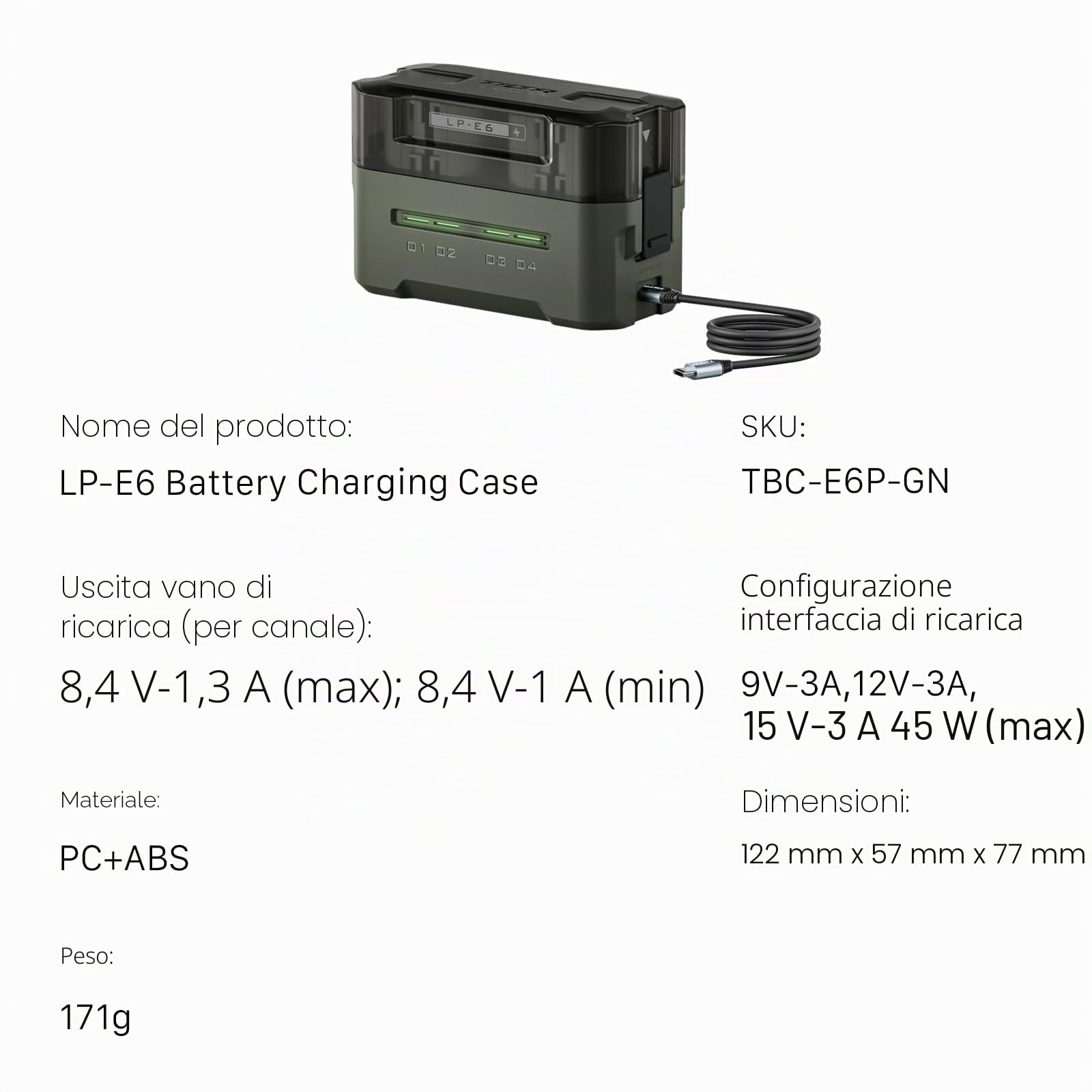 Tilta LP-E6 Caricabatterie Custodia di Ricarica a 4 Canali Compatibile con Batterie LP-E6, Stazione di Ricarica Portatile - Verde TBC-E6-GN