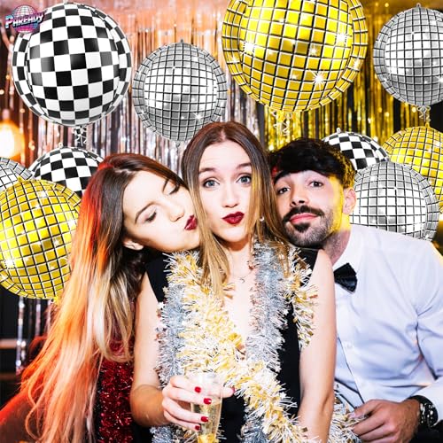 Image of 6pcs 22 Inch Gold Disco Ball Balloons, Silver Big Disco Balloons, Black White 4d Large Foil Balloon For Birthday Baby Shower Car Theme Party Wedding Engagement Celebration Graduation Decorations