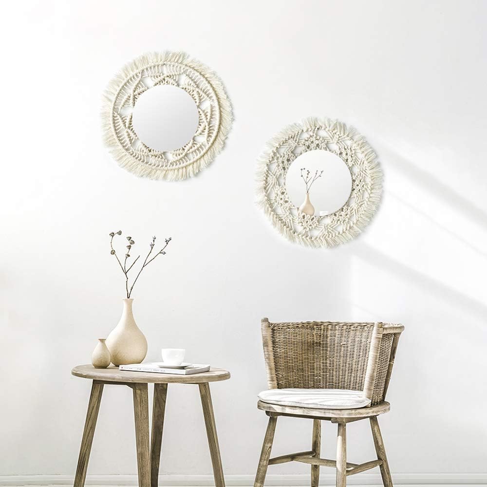 Wall Mirror Macrames Beautiful 2PCS Style Handmade Macrame Outsky Hanging Boho Fringe Round Decorative for Apartment Living Room Bedroom Baby Nursery Home Decor