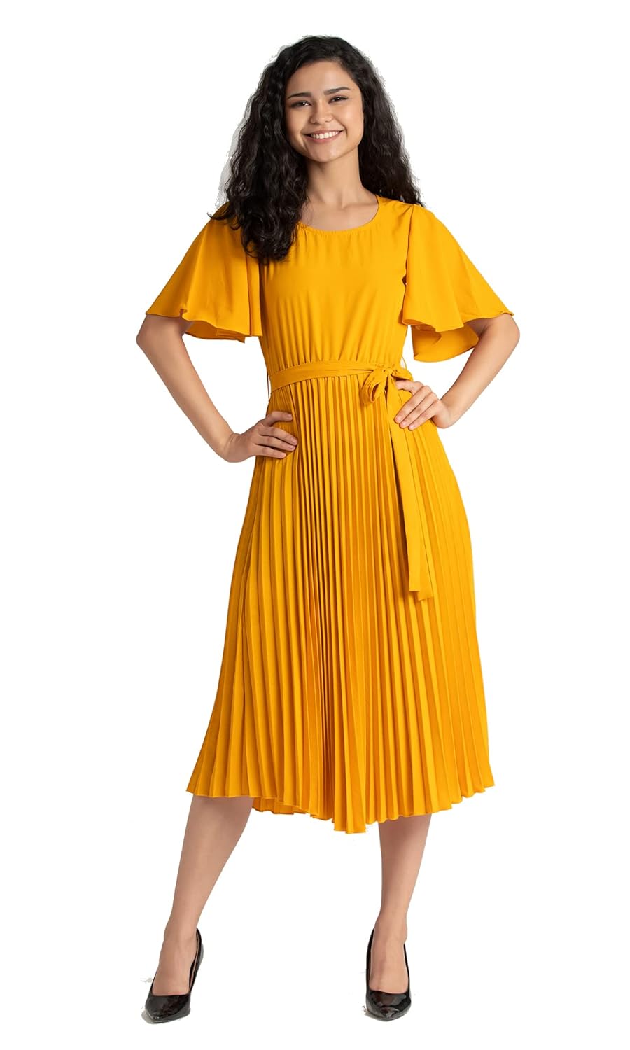 AASK Women’s Elegant Yellow Long Dress with Flounce Sleeves and Belted Waist – Perfect for Weddings and Special Events