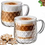 OMAGO® Zestaw 2 szklanek z uchem, szklanki do kawy, herbaty, nowoczesny komplet, 350ml, dekoracyjne kubki szklanek