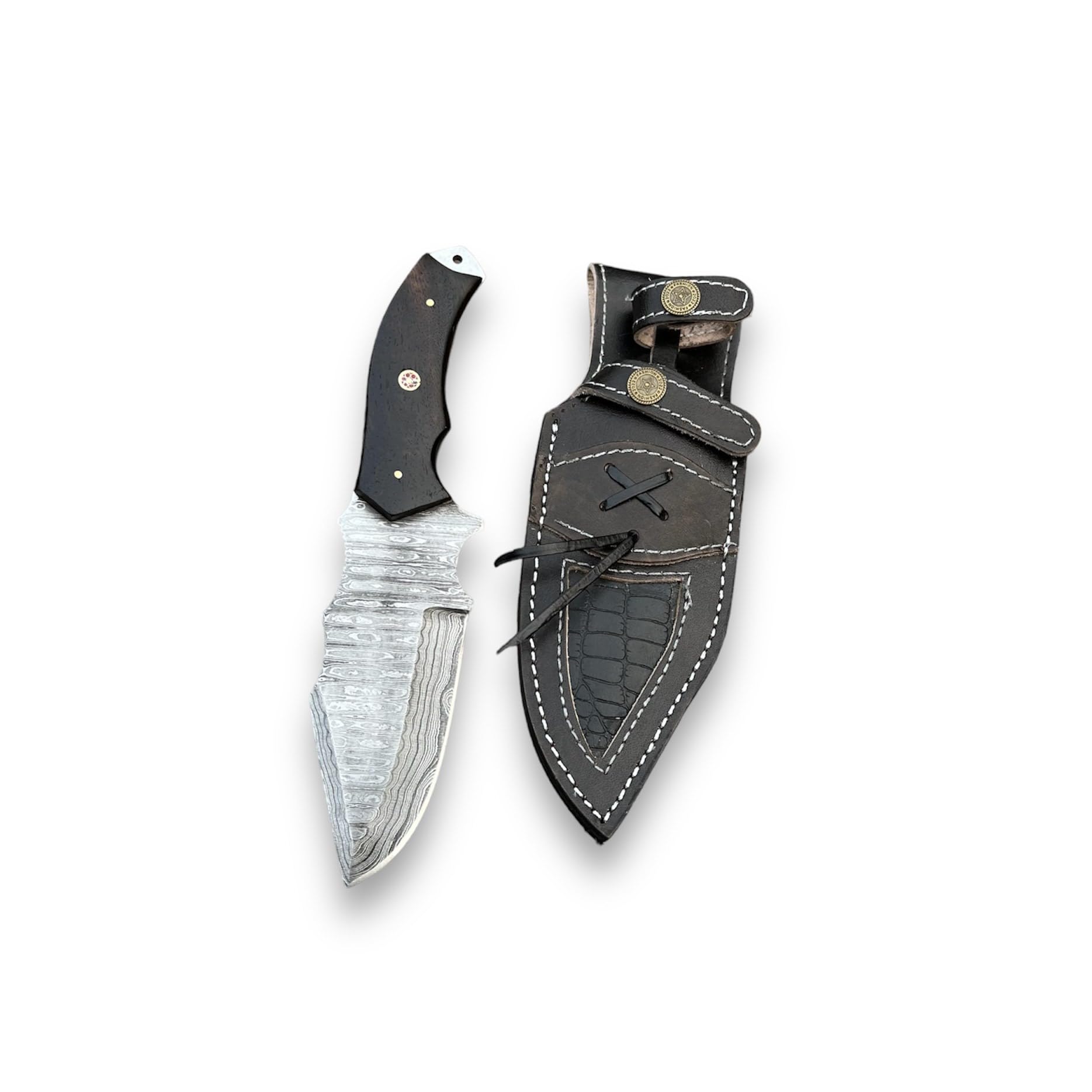 Handmade Damascus Hunting Knife with Leather Sheath - Ideal for Skinning, Camping, Outdoor - EDC Fixed Blade Bushcraft Knife