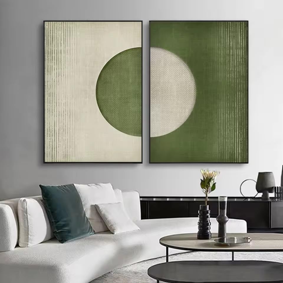 LIRHIQYGF Vintage Grün Beige Abstrakte Textur Wandkunst Minimalistisches geometrisches Leinwandgemälde Linienkreis Poster Druck Dekor (60x80cmx2/Rahmen)