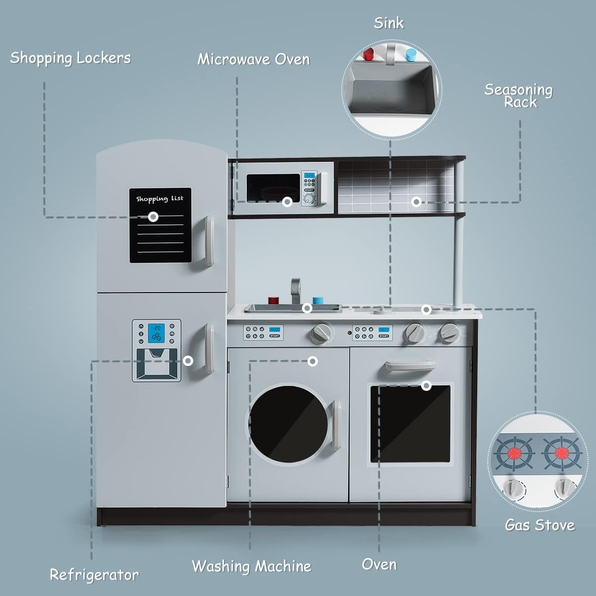 GLACER Kids Kitchen Playset, Pretend Cooking Food Set w/Simulated Sound, Sink, Stove, Refrigerator, Oven, Washing Machine, Wooden Play Kitchen for Toddlers, Gift for Boys Girls (Grey)