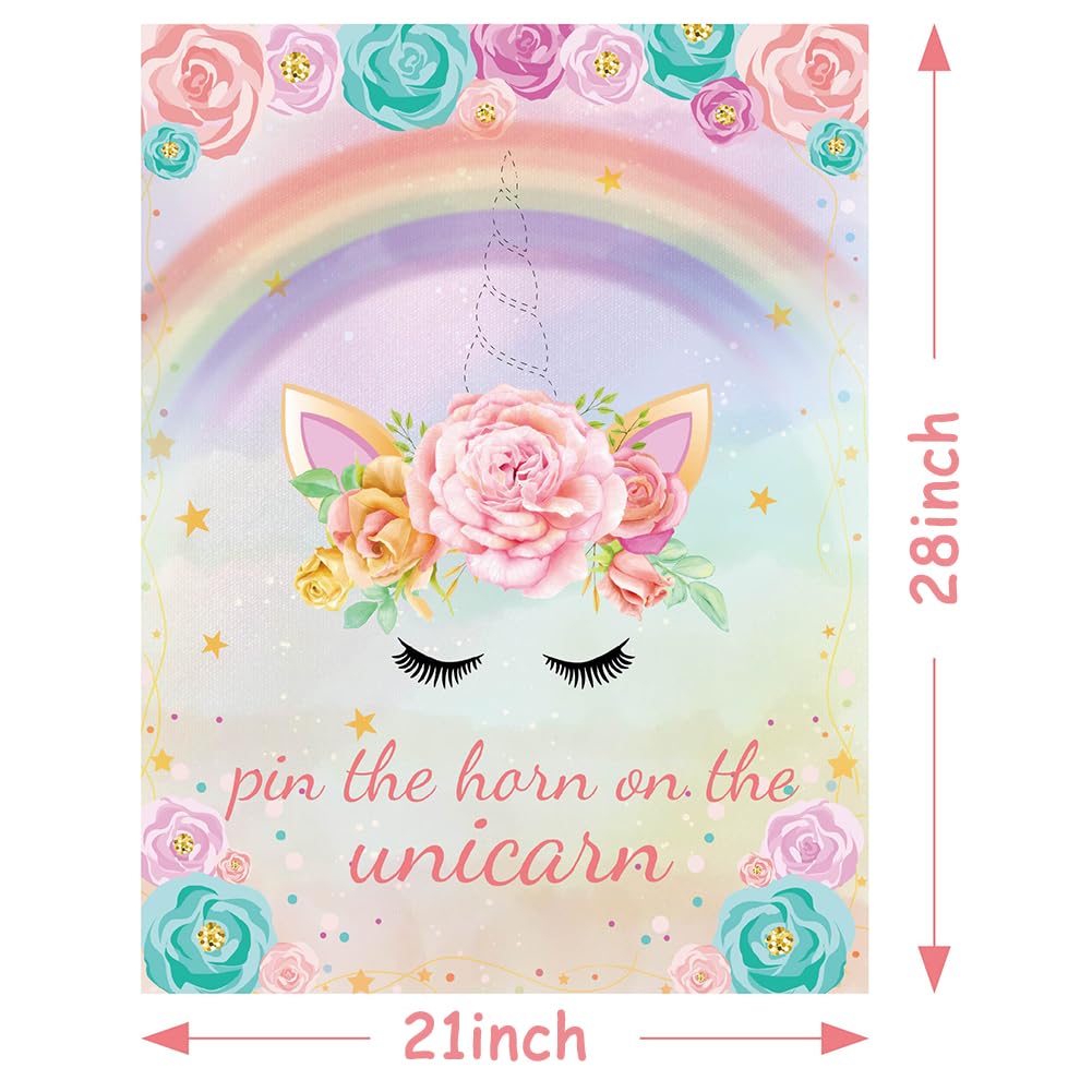 Pin The Horn On The Unicorn Party Gioco,Interattivo Unicorno A Tema Gioco Decorazioni Kit,Con 24 Corna Poster Maschera Per Gli Occhi, Per Feste Di Compleanno Per Bambini