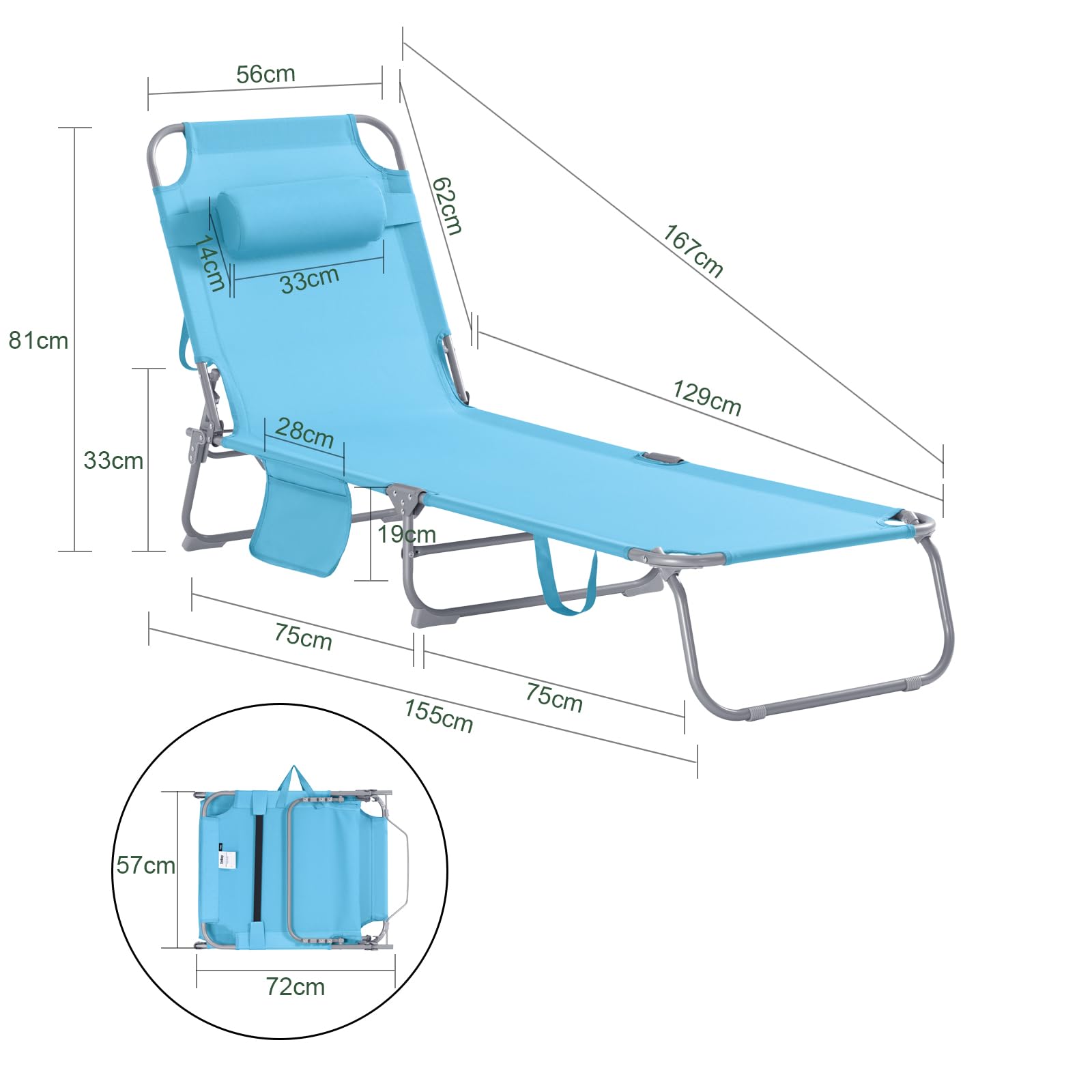 SoBuy OGS35-Bx2 Leżak Plażowy Leżak Plażowy Ogrodowy Składane z Poduszką i Boczną Torbą 2 szt. szer. x wys. x gł.: ok. 195 x 29 x 62 cm