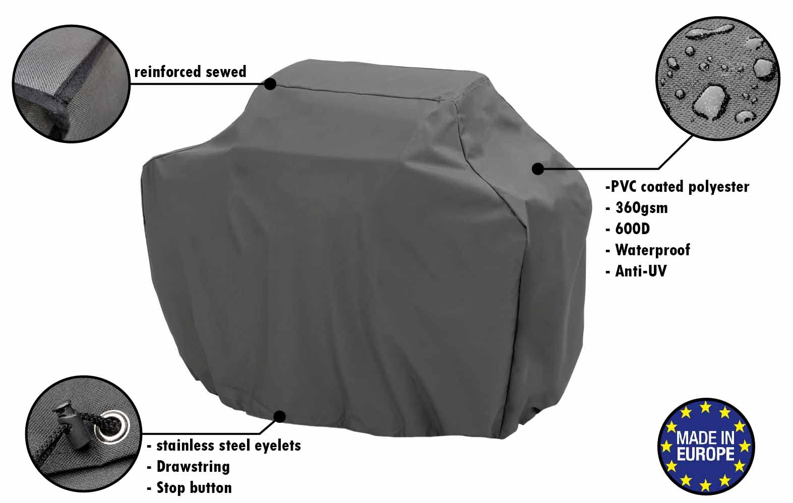 Funda de barbacoa Premium compatible con Weber, Campingaz, Broil King, Napoleón, impermeable, antirrayos UV, 360 g/m2, 600D, color antracita (largo 125 x 75 x alto 95 cm)