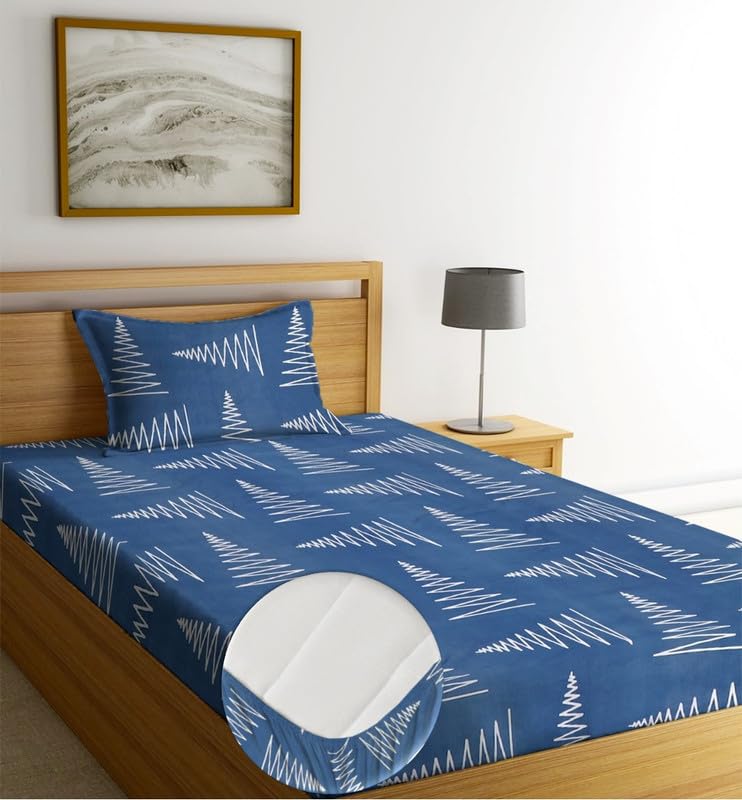 Image of NEW LEAF Pure Cotton All Round Elastic Fitted Floral Bedsheets With 1 Pillow Cover|Single Mattress Bed Breathable|Longlasting|Supersoft Size - 36 X 72 + 6 Inches (Color -Sky Blue),220 Tc,Small Single