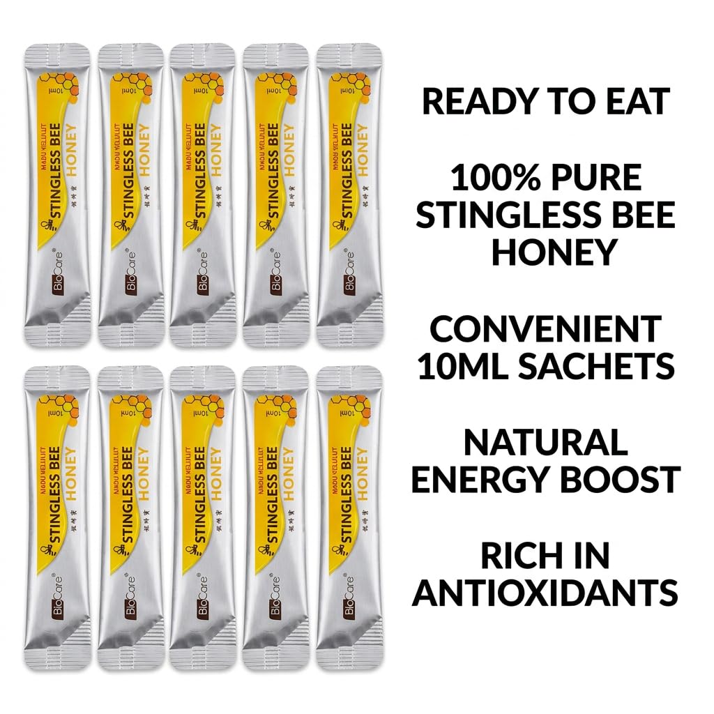 Miel de Melipona (Abeja sin Aguijón) - Sabor Agridulce - Puro - 10 Sobres Individuales 10ml - Natural y Listo para Consumir