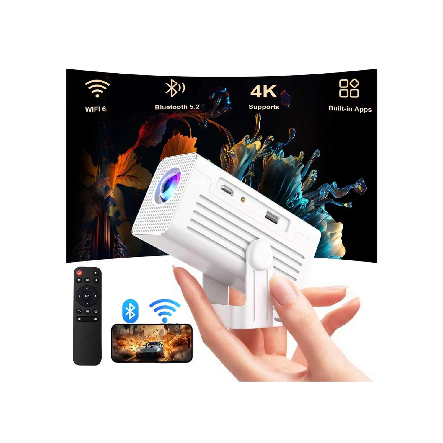 Mini Projector with WiFi and Bluetooth, 1080P Supported Smart Projector with Built in Apps, Outdoor Movie Projector 150" Display, Auto Keystone，Short