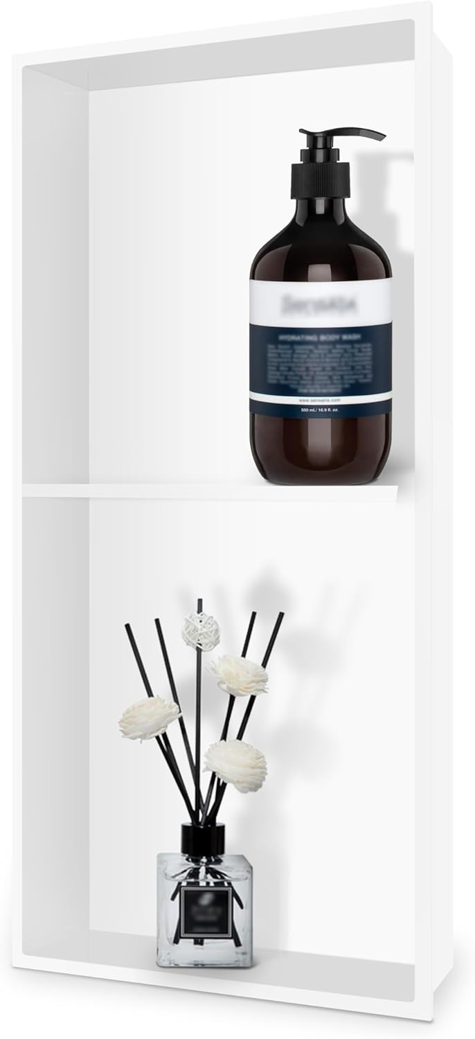 BWE Bathroom Wall Niche,12" X 24" X 4" Stainless Steel Shower Niche,Rimless Recessed Shower Shelf for Bathroom,Double Shelves Bathroom Niche,No Tile Needed Matte White 12*24(2 Shelves) White