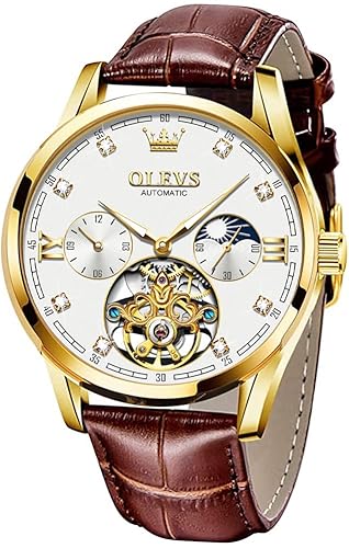 OLEVS Mens Leather Watches Automatic Mechanical Skeleton Tourbillon Diamond Luxury