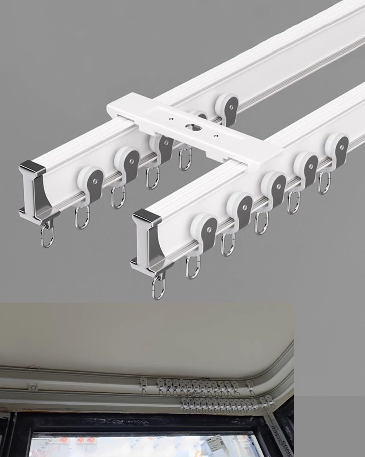 Flexible Double Track Curtain Rail Ceiling Mount, Bendable Window Sill Divider Rail Customized, Curtain Rod Bracket for Two Pairs of Drapes(Gold,34ft/10m)