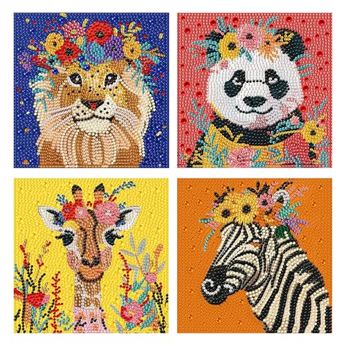 Yunruily 4 Pack Diamond Art Kits for Kids - Animal Diamond Painting Kit for Kids 5D Diamond Painting Art Kit Crafts Sets for Children Christmas and Birthday Gifts Home Wall Decor 6x6inch