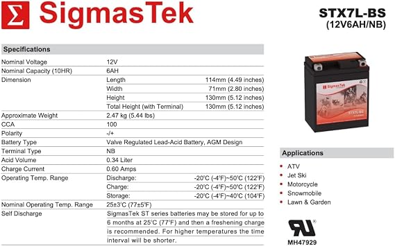 Yuasa YTX7L-BS Compatible SLA Motorcycle Battery by SigmasTek, STX7L-BS 100CCA