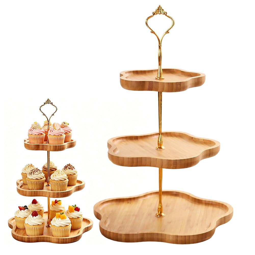 Soporte de 3 pisos de madera para cupcakes, soporte para cupcakes con mango de metal, soporte para frutas, 3 pisos, soporte para tartas, para cumpleaños, té de la tarde, fiesta de boda