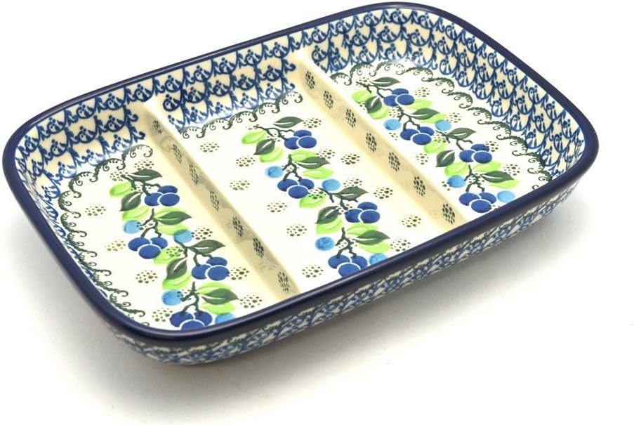 Polish Pottery Dish - Divided Rectangular - Blue Berries