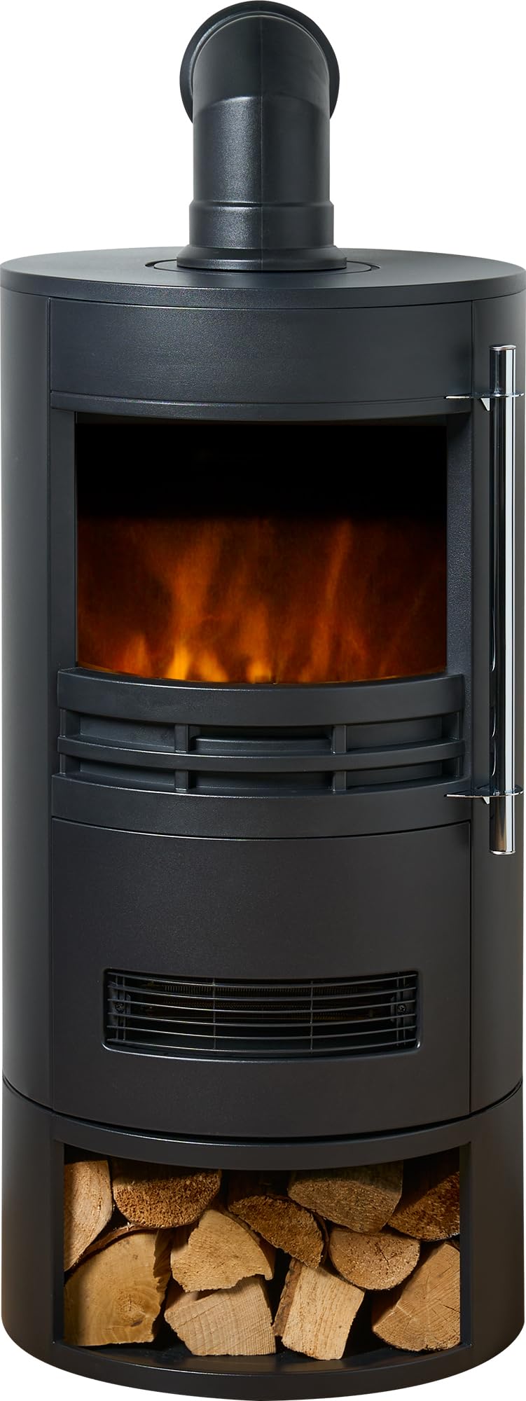 Sureflame Dunston Electric Round Stove with Log Storage & Angled Stove Pipe in Black