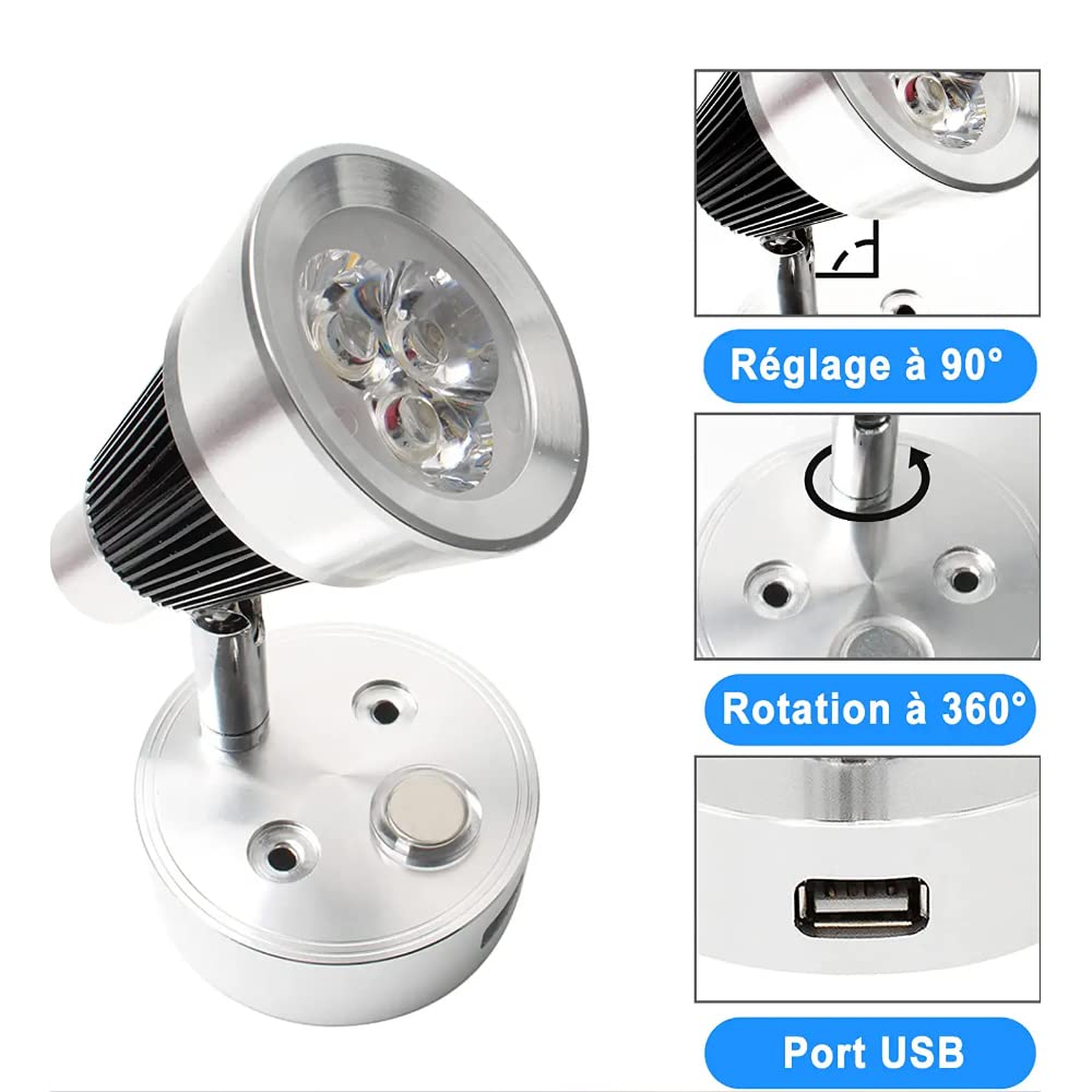 JUTTAUTO Foco de caravana de 12 V, 2 luces LED de lectura interiores con atenuación táctil con USB, lámparas de lectura de pared para caravana, caravana, barco, autocaravana (plata-2)