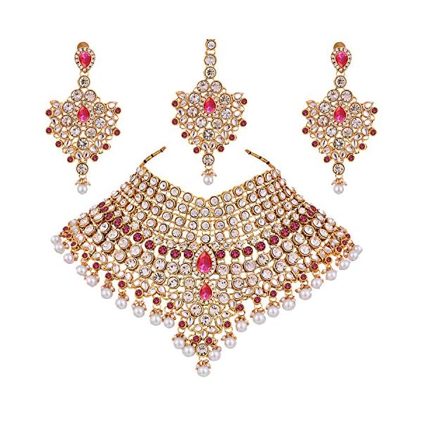 Lucky Jewellery Semi Bridal Dulhan Dulhan Wedding & Engagement Necklace Set with Mang Tikka for Girls & Women (1815-L1SS-KD124-)