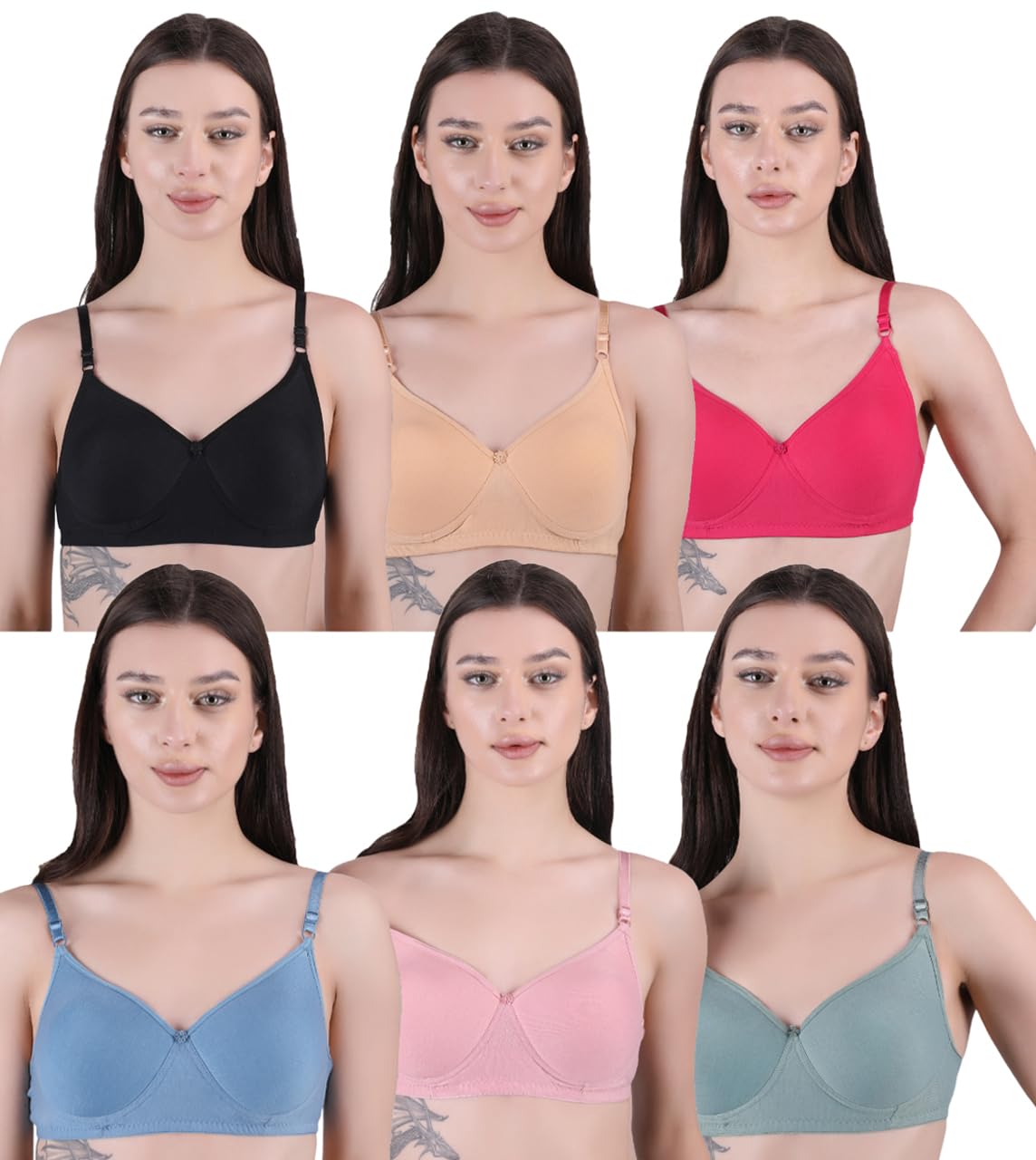 Women's Cotton Blend Lightly Padded Bra|| Wirefree T-Shirt Bra|| 6 Piece Combo|| Every Day Use Bra
