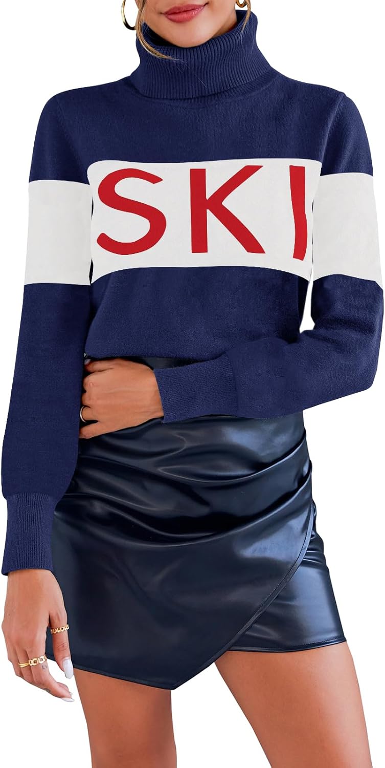 Ybenlow Women Sweaters Color Block Turtleneck Tops Comfy Winter Blouse 2024 Ski Sweaters Tight Knit Outfits Shirts XS-L - Image 2