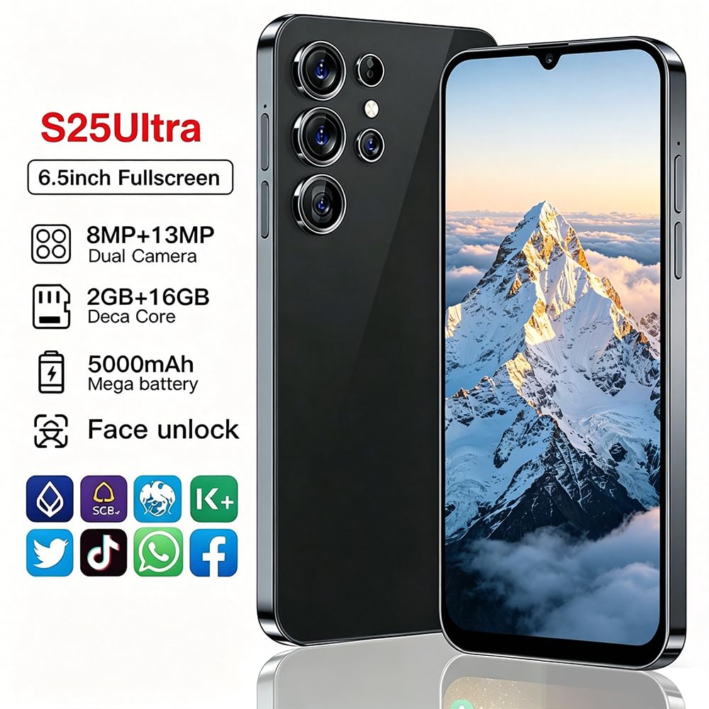 McMgc S25Ultra Téléphone Portable Pas Cher Android, écran 6,5 Pouces HD, 16Go (SD 128Go), 3 Fentes (Double SIM+SD), Batterie 5000mAh, Caméras 8MP+13MP, Déverrouillage Facial (Light Purple)