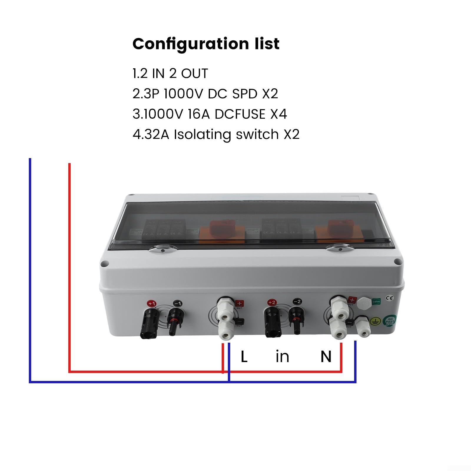 1000V PV-Kombinationsbox 2 Eingänge 2 Ausgänge IP65 Wasserdicht für Photovoltaikanlage mit Überspannungs- und Überlastschutz, Solarstromverteilung für Wohnhaus-Dachsysteme