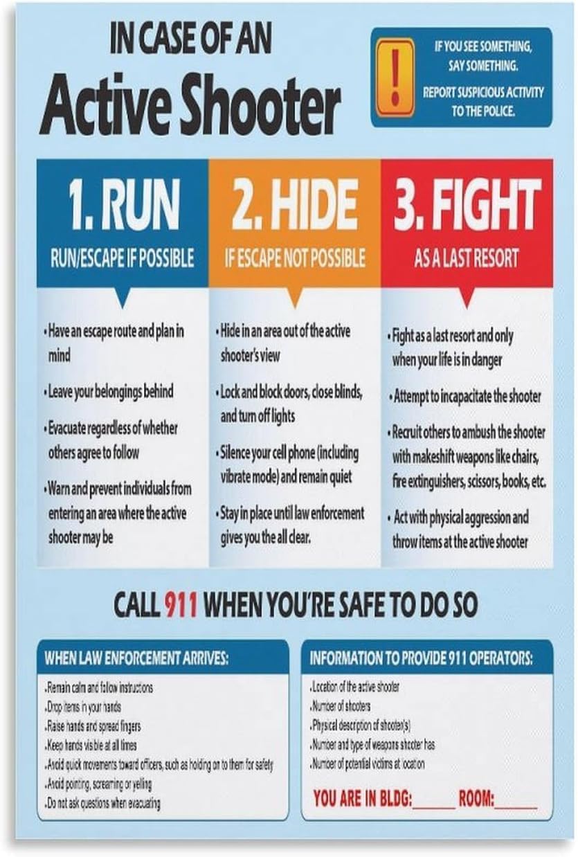 Active Shooter Run Hide Fight School and Workplace Safety Educational Wall Posters Wall Decor Metal Tin Sign Chic Art 8x12 Inch