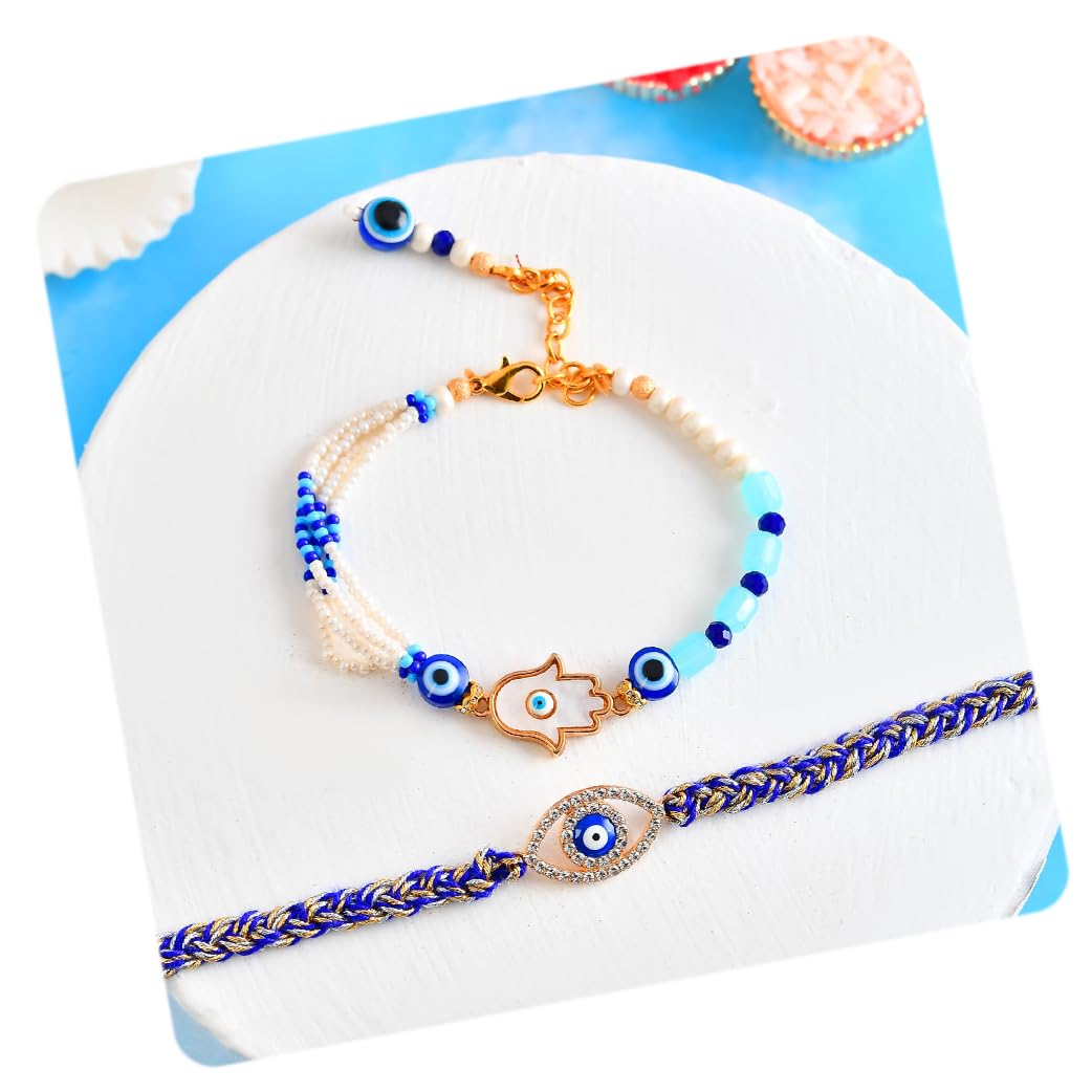 craftvatika Evil Eye Bracelet Rakhi Set for Brother and Bhabhi, Rakhi Set of 2, Hamsa Hand Bhaiya Bhabhi Couple Pair rakhis Designer Premium Rakhis Bhabhi for Rakshabandhan, Rakshasutra for Women Men,Best Wishes Greeting Card, Tilak Set-picture-35