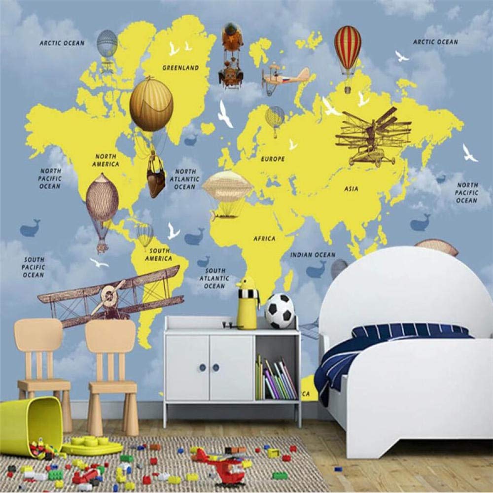 Personalizzato Cartone Animato Mongolfiera Aerei Mappa Del Mondo Sfondo Murale Sfondi Per Camera Dei Bambini Camera Dei Bambini Decor Carta Da Parati 3D 430Cm(W)×300Cm(H)