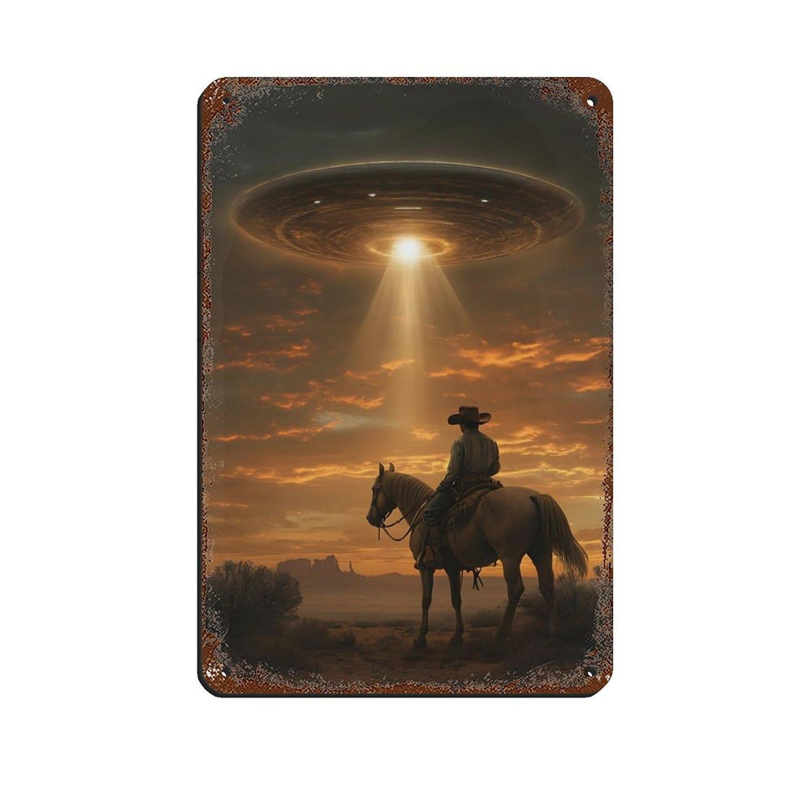 Lxwnze 20L X 30W Cm Alien Spaceship Cowboy Poster Retro Poster Metal Tin Sign Chic Art Retro Iron Painting Bar People Cave Cafe Family Garage Poster Wall Decoration 8X12inch(20X30cm)