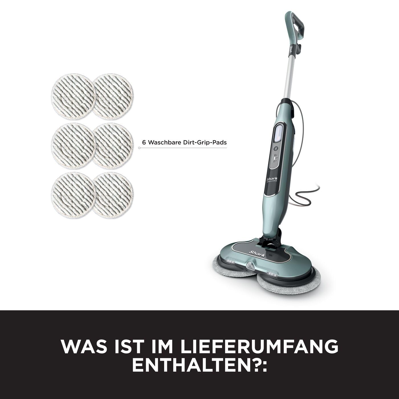 Shark Dampfreiniger Mop, automatisch, mit Steam Blaster, 6 Schmutzfänger-Pads, 3 Dampfstufen, bei Flecken und Schmutz, hygienische Reinigung für versiegelte Hartböden, 8m Kabel, Salbei-Grün, S8201EUCP