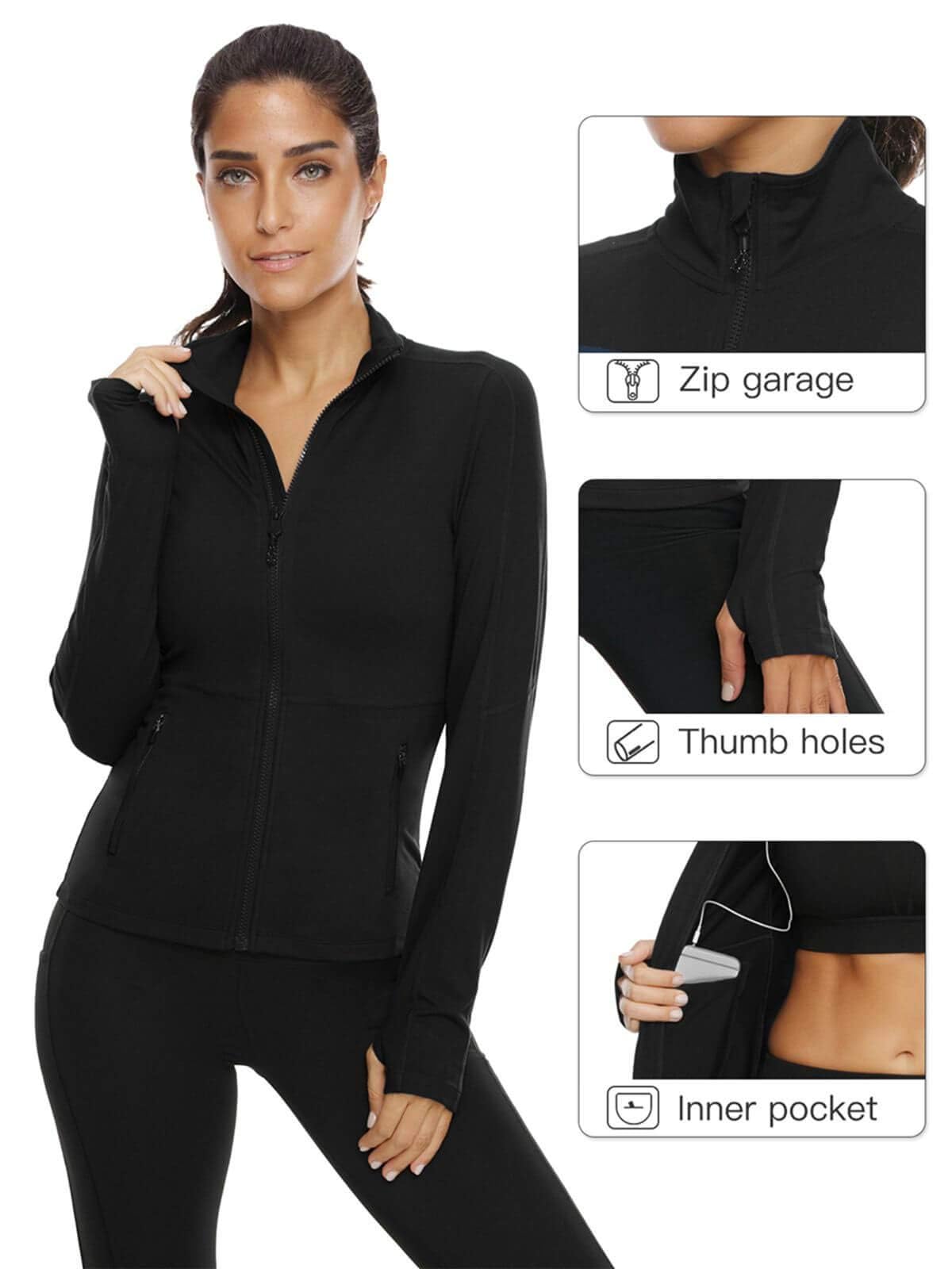VUTRU Damen Laufjacke Hoher Kragen Leicht Sportjacke Langarm Yoga Shirt Fitness Jacke Atmungsaktive Trainingsjacke mit Daumenlöchern und durchgehendem Reißverschluss