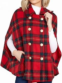 Women's Plaid Winter Cape Coat, Double Breasted Cape with Pockets for Wo...