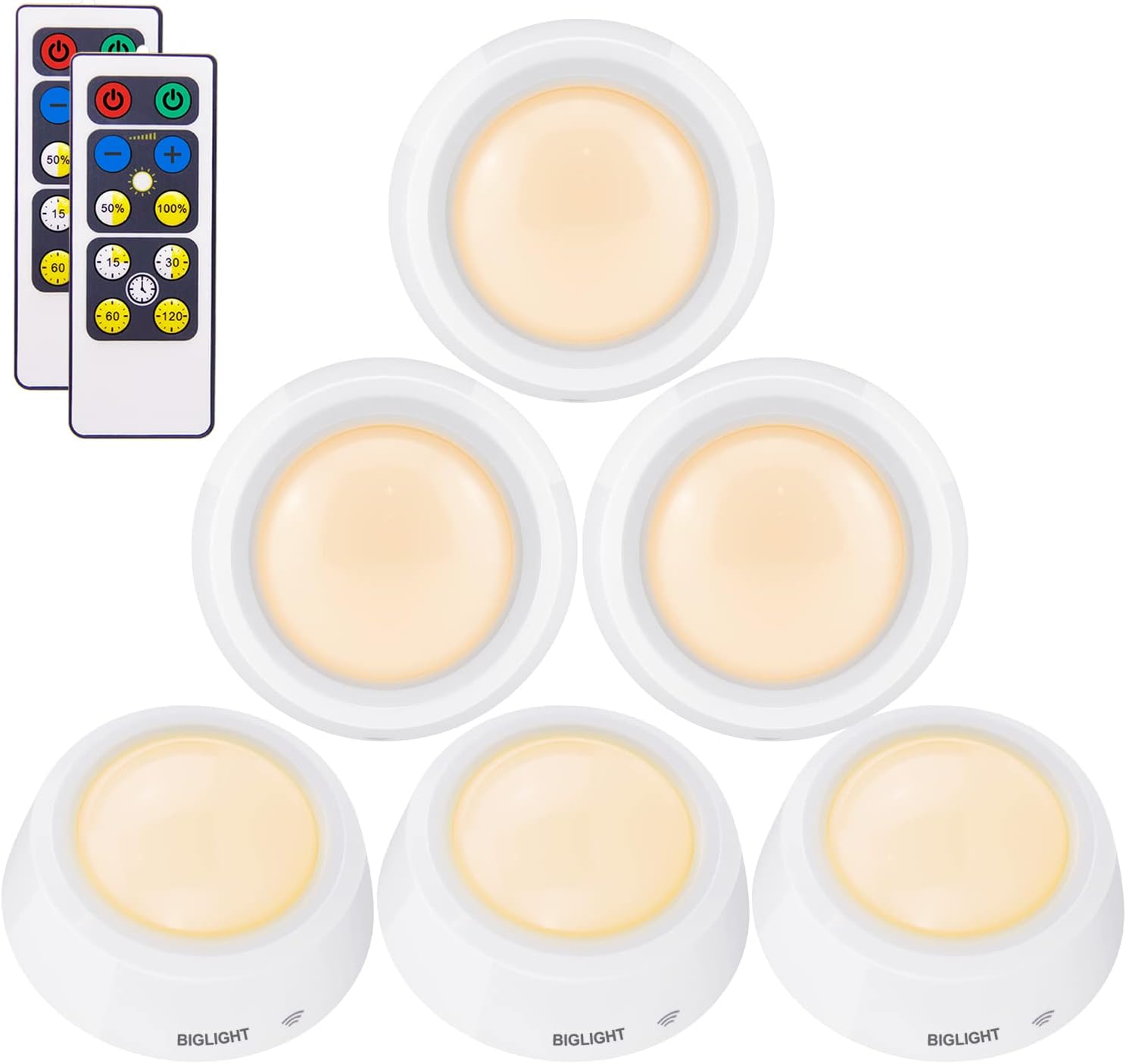 BIGLIGHT Closet Lights Battery Operated, Push Button, Tap, Press, Touch, LED Puck with Remote Controll, Dimmable, Stick on Lights for Cabinet Counter Shelf, 6 Pack