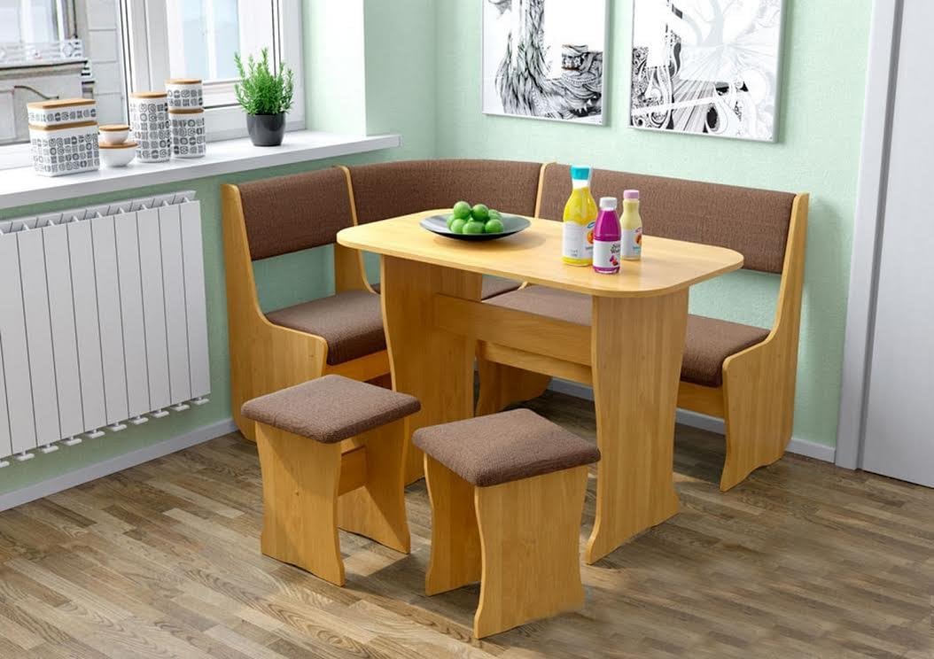 4 Piece Fiji Breakfast Nook Dining Table Set L-Shaped Storage Bench Honey Oak/Upholstery Fabric (Light Brown)