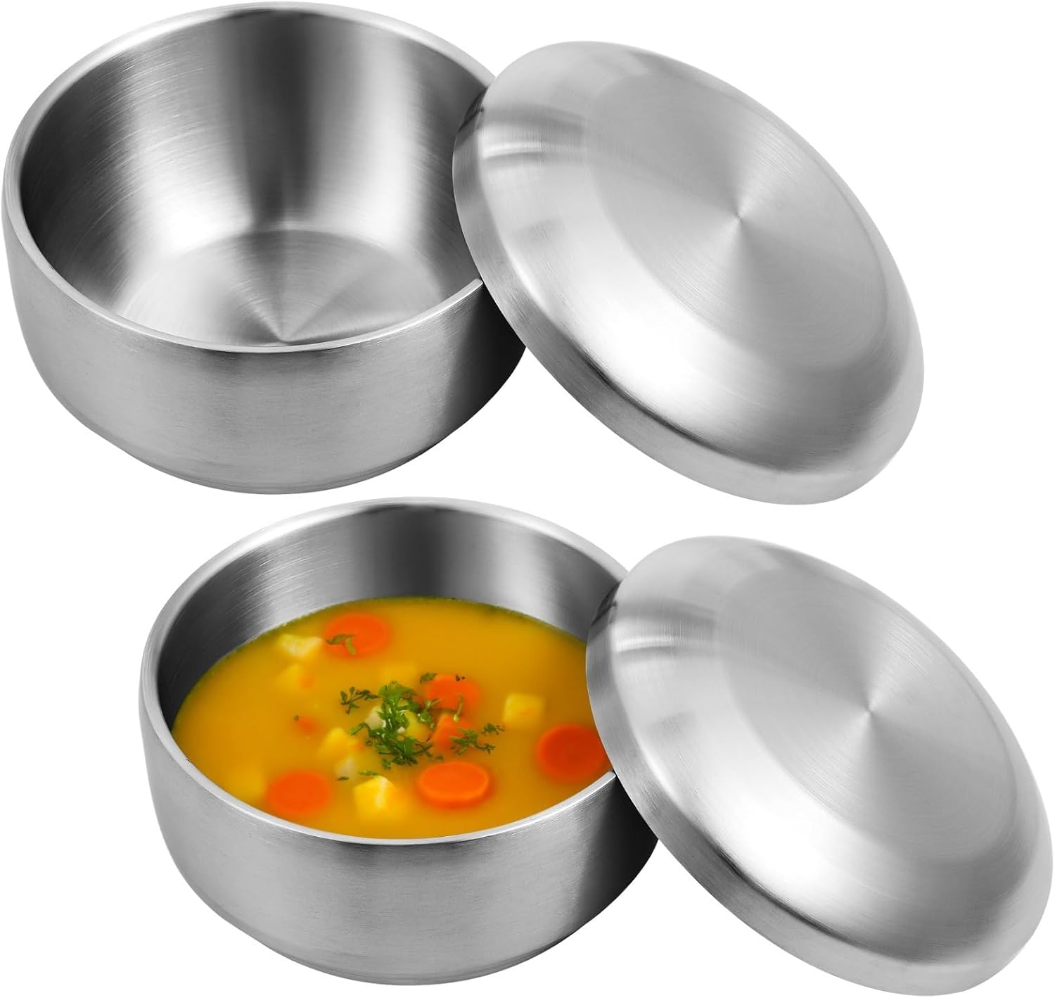 Metal Bowls Double-Walled, 2 Pcs Stainless Steel Rice Bowls with Lid, for Soup, Food Bowls Multi-Purpose Snacks Bowls Soup for Kitchen Restaurant