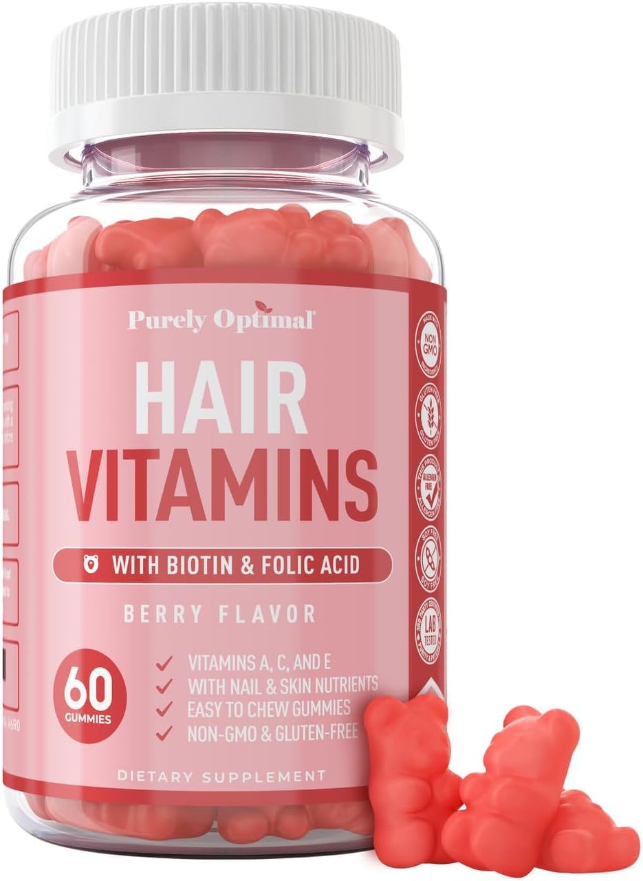 Purely Optimal Premium Hair Vitamins Supplement-Gummy Vitamins w/Biotin, Folic Acid, Vitamins A&D-Supports Faster Hair Growth & Promotes Healthy Hair, Skin, & Nails-60 Non-GMO Berry Flavored Gummies