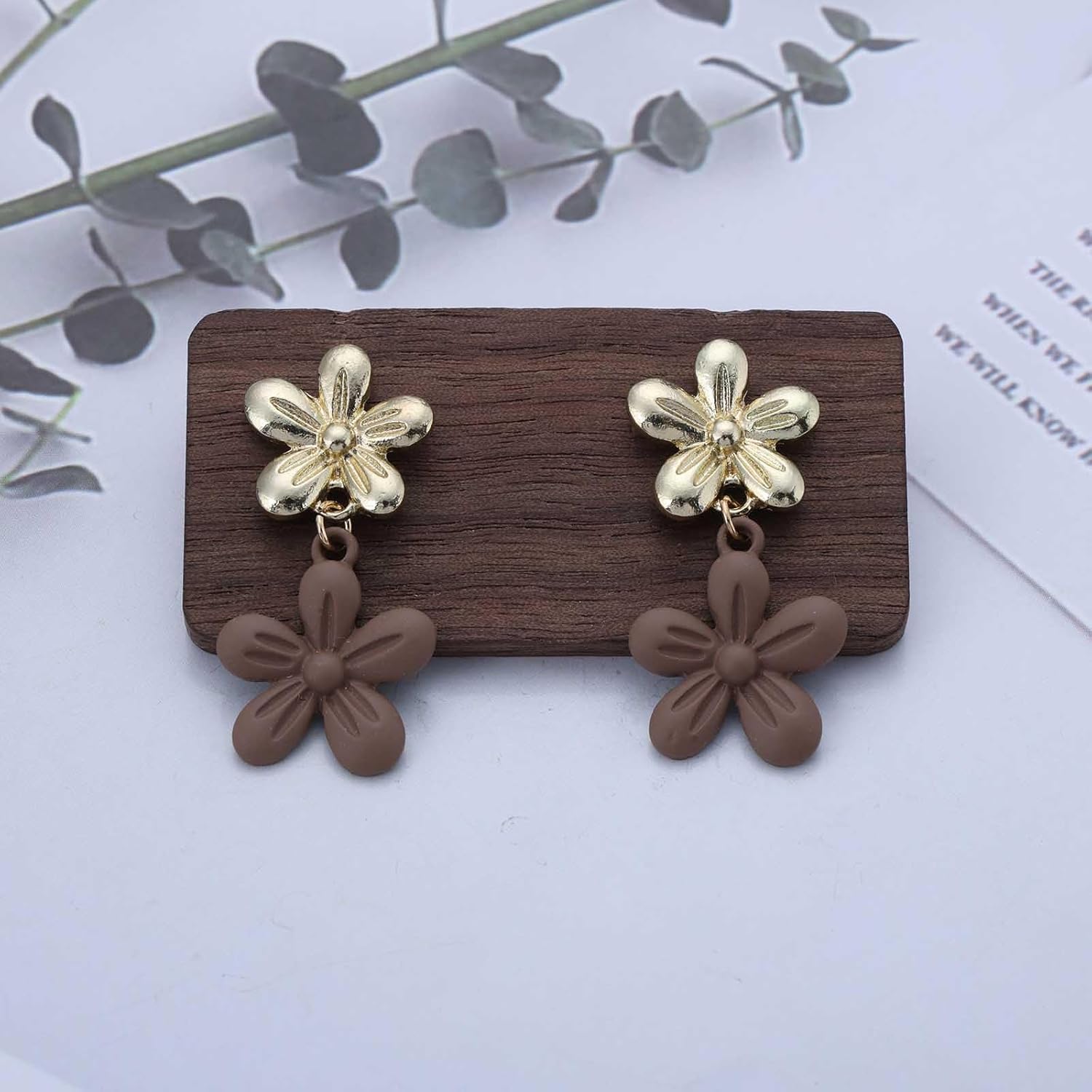 Vintage Daisy Flower Dangle Earrings Brown Flower Earrings Small Floral Drop Earrings Gold Floral Stud Earrings Two Tone Earrings Jewelry for Women - Image 4
