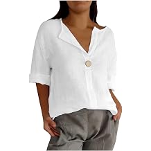 Linen Shirts for Women Summer 3/4 Length Sleeve Womens Tops V Neck Beach Vacation Gauze Tops Dressy Casual Blouses