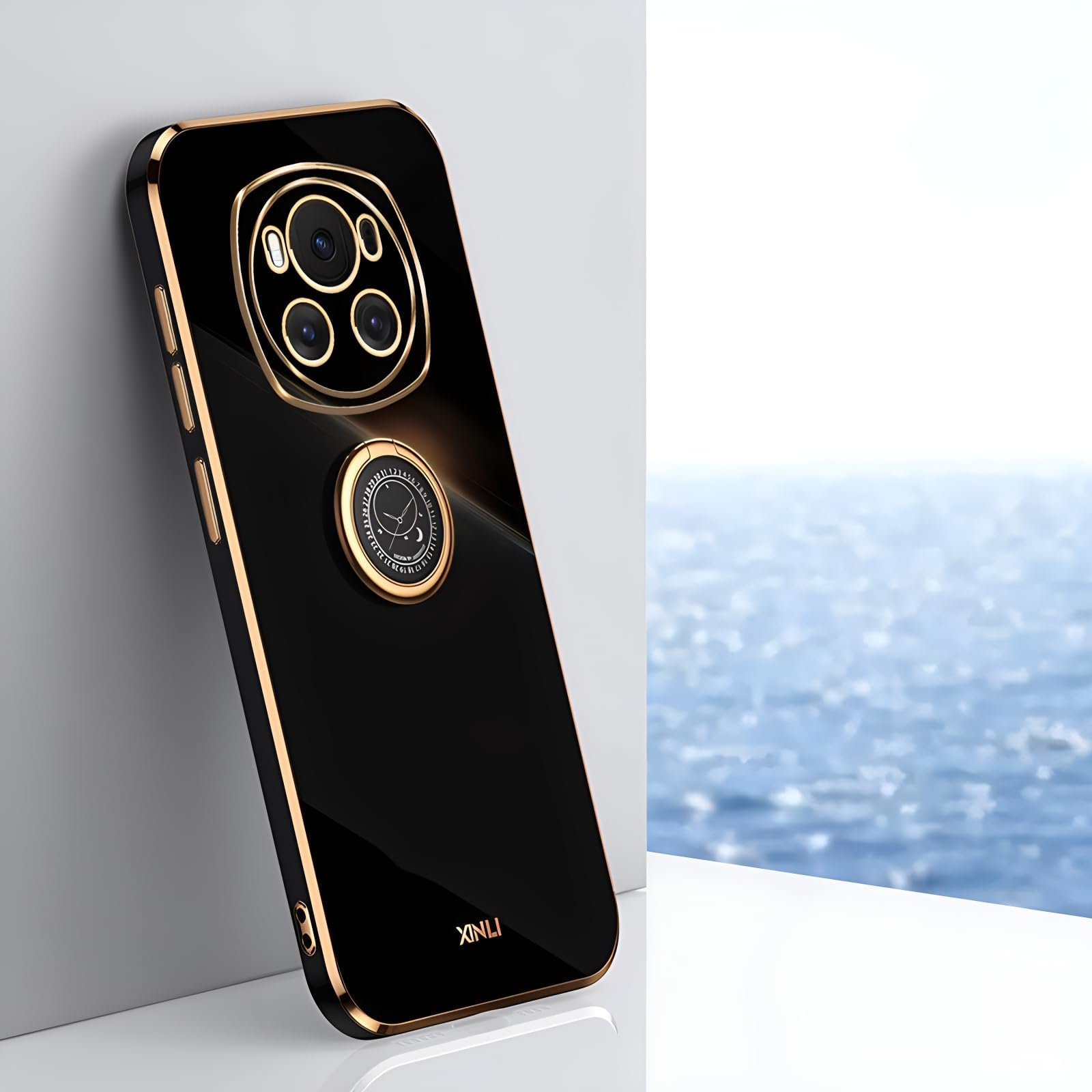 – Honor Magic 6 Pro 5G Case with Invisible Stand, Glitter Luxury Plated Phone Case, Gold Edge Design Shockproof Thin and Soft Black Cover