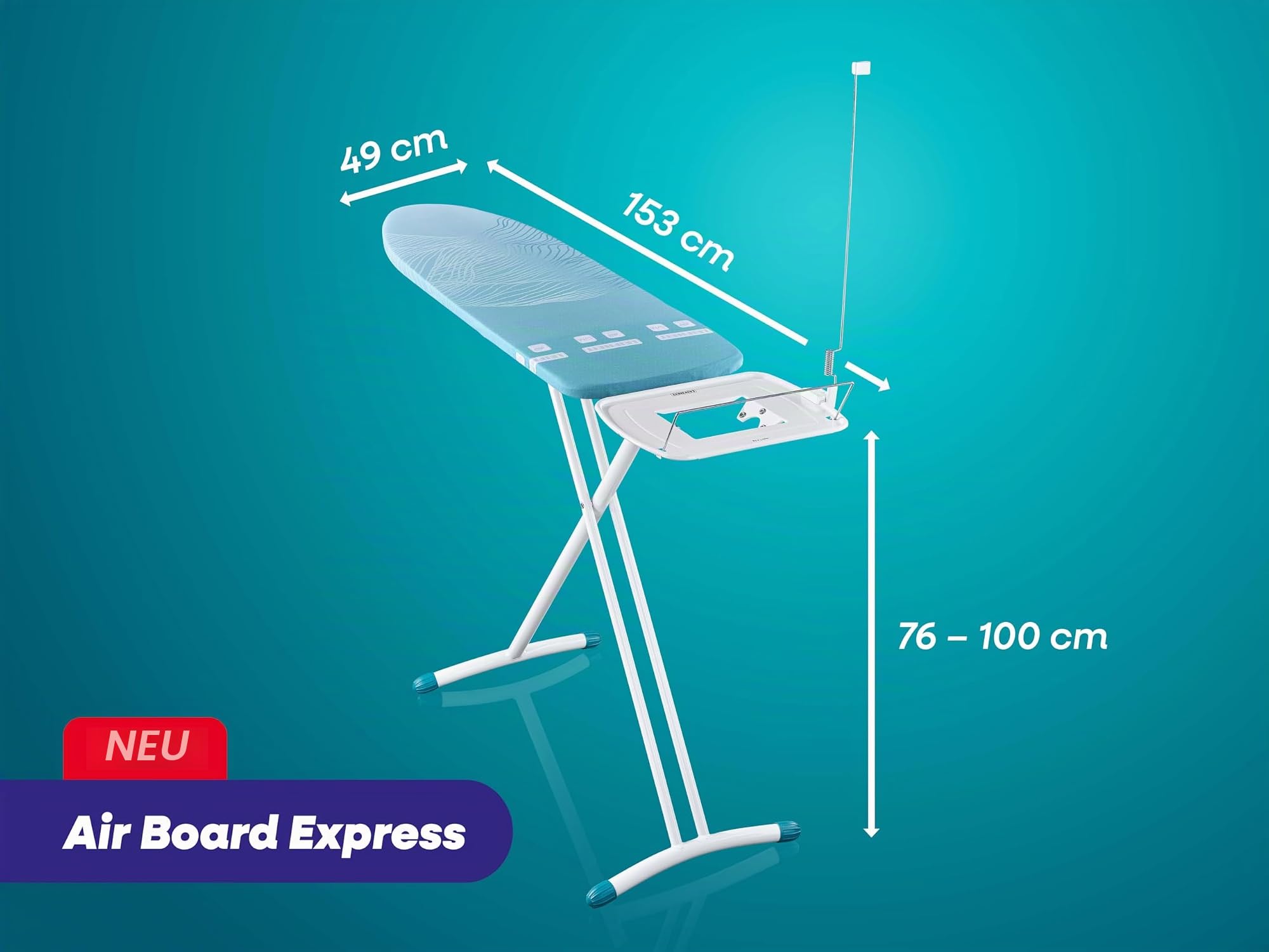 Leifheit Bügelbrett AirBoard Express M Solid, Bügeltisch, Fläche 120 x 38cm | Ultraleichtes Bügelbrett für Dampfstationen, perforierter Baumwollbezug, höhenverstellbar bis 100 cm, Kabelhalter, weiß/blau