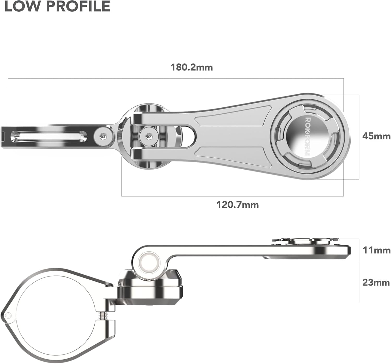 Rokform Motorcycle Handlebar Phone Mount, Version 2, Now mounts to Any Handlebar from 7/8" - 1.5" (22.mm - 38.1mm), Secure Phone via Twist Lock and Built-in Magnet Mount (Polished Aluminum)
