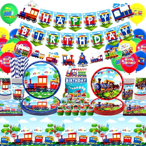 Train Party Decorations , Includes Happy Birthday Banner, Plates, Cupcake Toppers, Napkins, Cups, Tablecloths, for Train Party Vehicle Party Supplies (Banner)