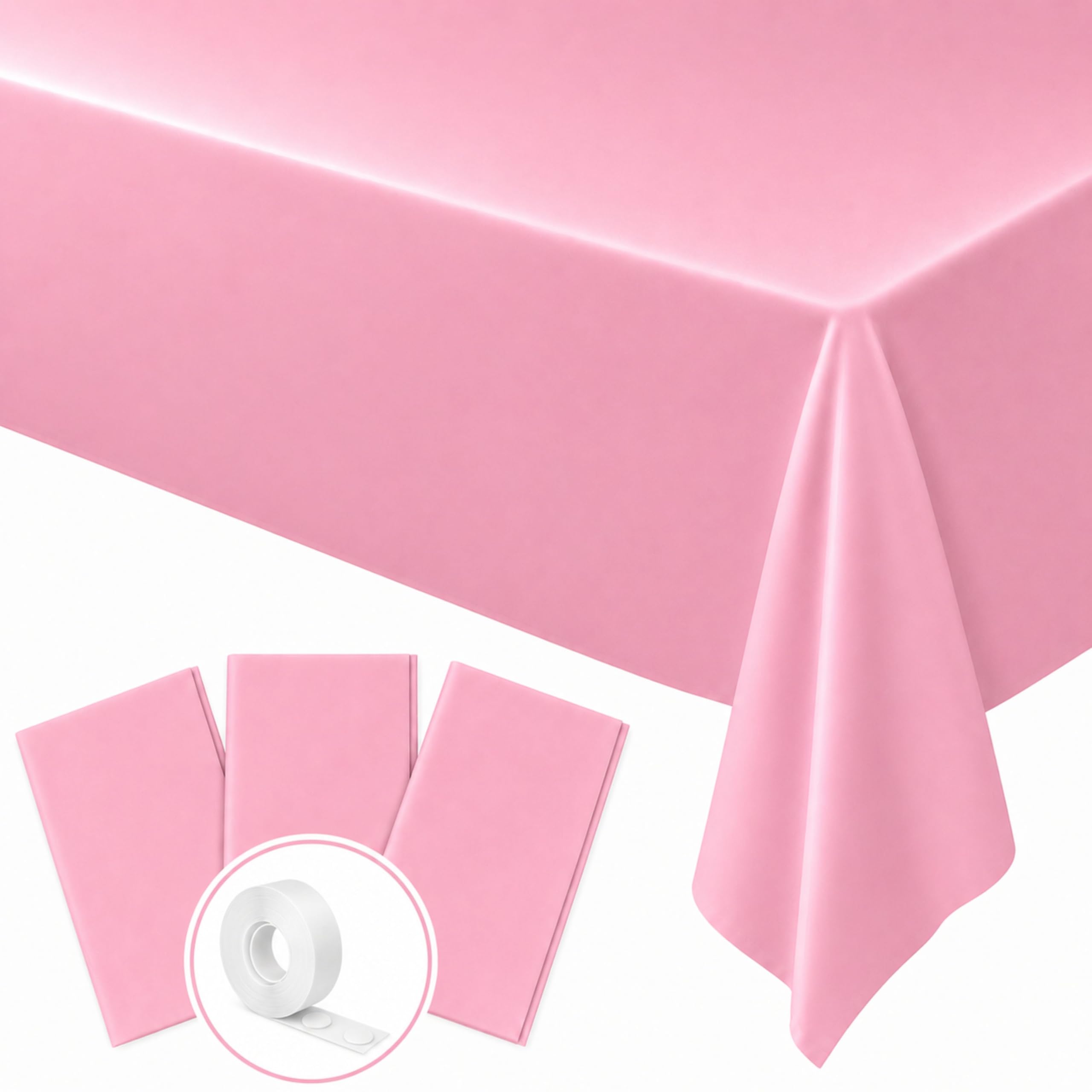 Blue Orchards Soft Pink Plastic Table Cover (Pack of 3 with 20 Glue dots) - 54" x 108" - Light Pink Disposable Waterproof Tablecloth, Pastel Birthday Party Supplies, Baby or Bridal Shower, Wedding