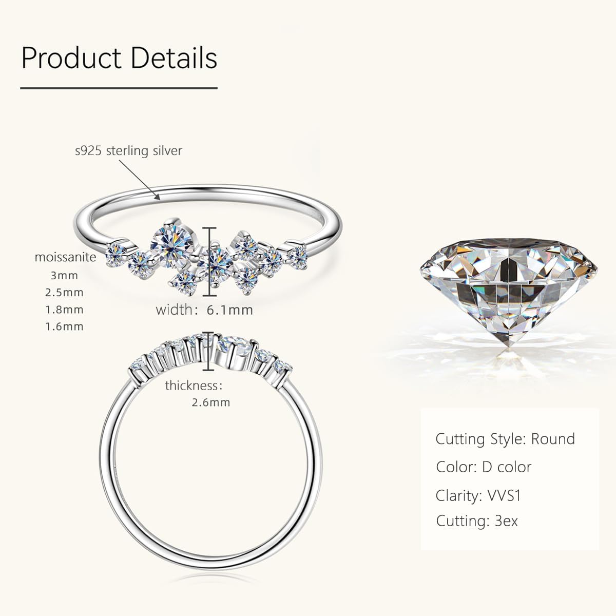D VVS1 Moissanite Rings for Women, Stackable Dainty Ring, Solid 925 Sterling Silver Plated 18k White Gold Wedding Ring - Image 2